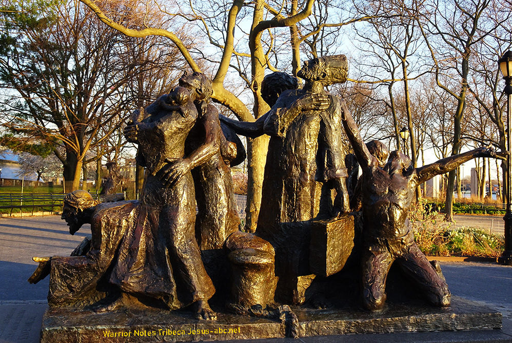 Different cultures praising God - statue at Batter Park NYC Jesus-abc.net